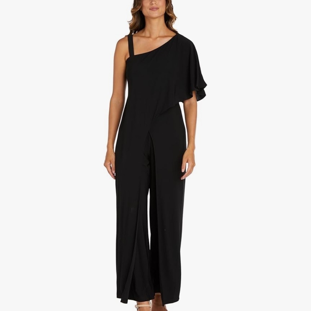 Flared Jumpsuit with Single Shoulder, Overlay, and Draped Sleeves Size 10